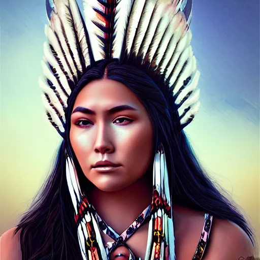 Image similar to portrait of native american girl with head dress in the style of artgerm, digital art, close-up, insanly detailed