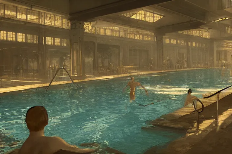 Prompt: 1920's art deco indoor pool scene, by Craig Mullins, in the style of blade runner, octane render, unreal engine render, 8k post-processing highly detailed, soft lighting,