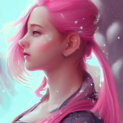 Image similar to teen girl, pink hair, gorgeous, amazing, elegant, intricate, highly detailed, snowy background, digital painting, artstation, concept art, sharp focus, illustration, art by Ross tran