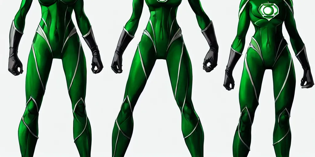 Image similar to full body exaggerated outfit, female green lantern character clean concepts by senior concept artist in the anime film, suit, powers, glowing, stronge, smooth, high detail, featured on artstation