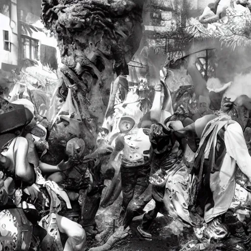 Image similar to abstract mosh pit, slam dancing, circle pit demons, violent zombie dance, violent protest, war photography, high detail, 4 k