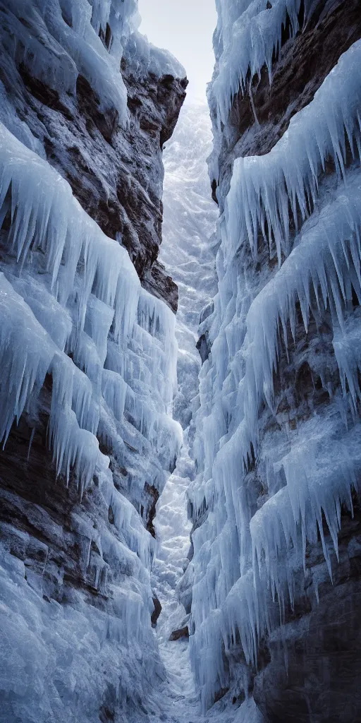 Image similar to a frozen canyon, covered in ice, in the style of reuben wu,