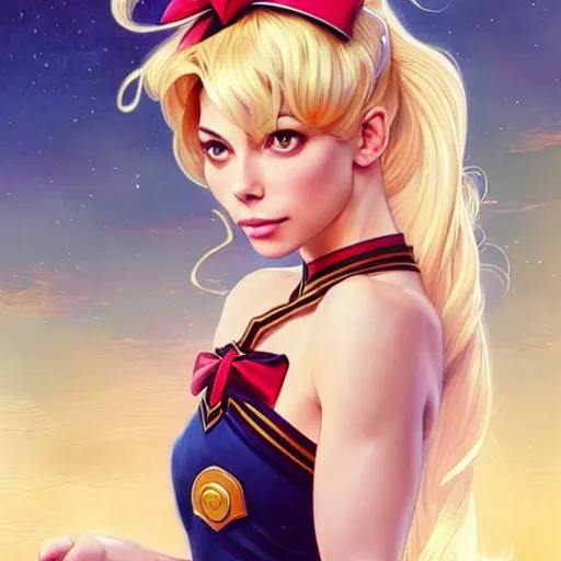 Prompt: Kristin Kreuk with blonde hair as Sailor Moon, western, D&D, fantasy, intricate, elegant, highly detailed, digital painting, artstation, concept art, matte, sharp focus, illustration, art by Artgerm and Greg Rutkowski and Alphonse Mucha