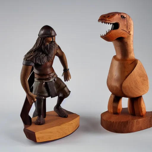 Prompt: wooden sculpture of a viking and a dinosaur, polished maple, thoughtful, elegant, real