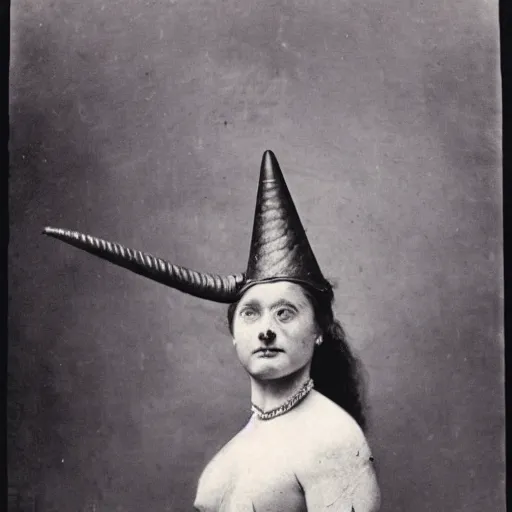 Prompt: Circus poster of a lady with a unicorn horn on her forehead, 19th century, 1900s photography