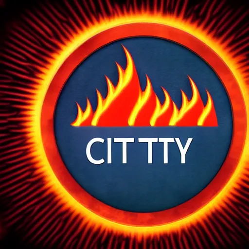 Prompt: city on fire as logo, burning, flames, symmetrical, washed out color, dark, gloomy, centered, art deco, 1 9 5 0's futuristic, glowing highlights