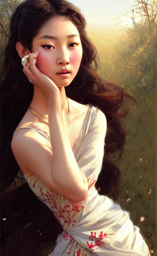 Image similar to a beautiful young charming asian goddess with sundress and jewelry | | winter, realistic shaded, unpleasant face, good looking, fine details, dior, lv, realistic shaded lighting poster by greg rutkowski, macoto takahashi, magali villeneuve, artgerm, jeremy lipkin and michael garmash