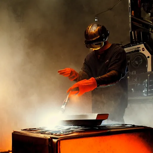 Image similar to cyborg toaster oven repairman, dark messy smoke - filled cluttered workshop, dark, dramatic lighting, orange tint, sparks, plasma rays, cinematic, highly detailed, sci - fi, futuristic, movie still, rule of thirds composition