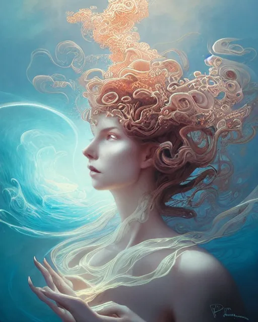 Prompt: Rose Gold intricate lace smoke portrait, swirling underwater polygon fantasy art by peter mohrbacher and artgerm, radiant halo of light