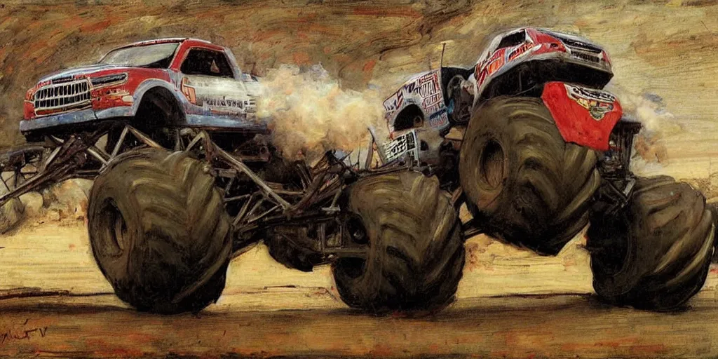 Image similar to monster truck rally, art by John William Waterhouse
