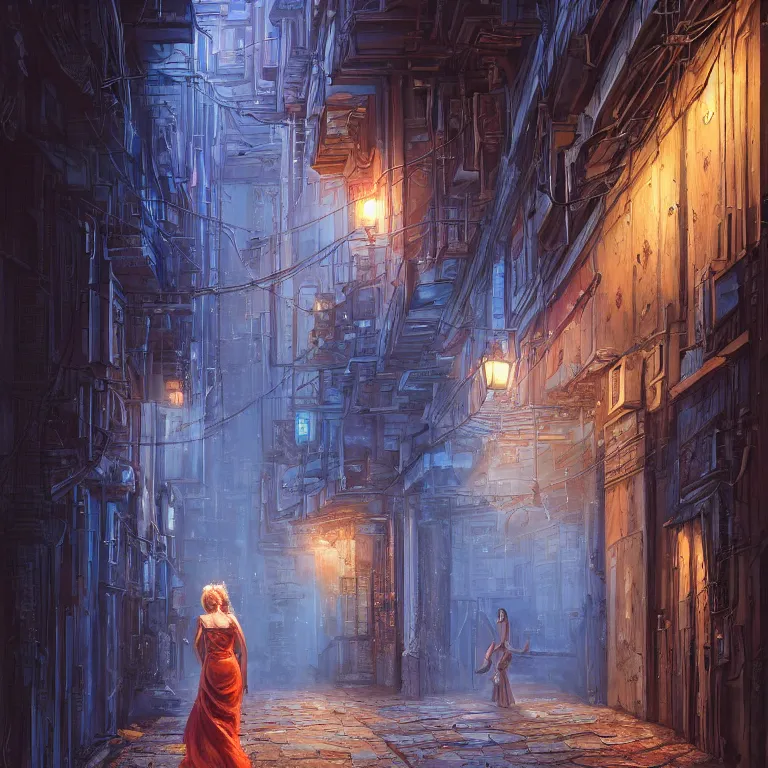 Prompt: hyperrealistic and beautiful painting of an alley way within a grand city, woman in a dress walking, classical architecture, technological lights, screens, cyberpunk style, 8 k resolution, by hugh ferris and john smith, polished, fine detail, intricate, blue color scheme, cyberpunk style, smooth, octane, concept art, trending on artstation