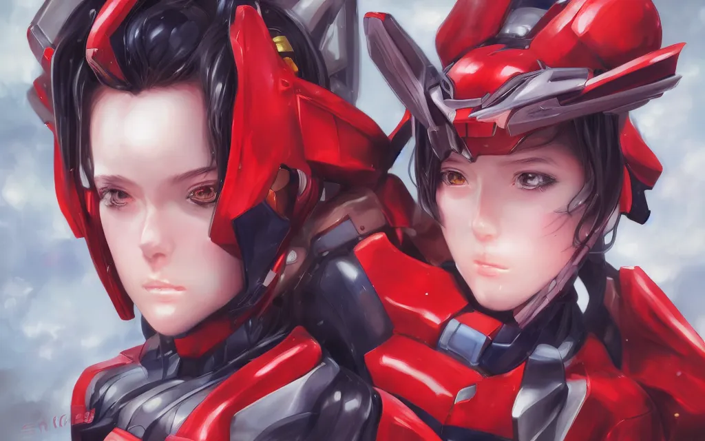 Image similar to A realistic anime portrait of a woman in a Gundam suit with glowing red eyes, digital painting, by Stanley Artgerm Lau, Sakimichan, WLOP and Rossdraws, digtial painting, trending on ArtStation, SFW version