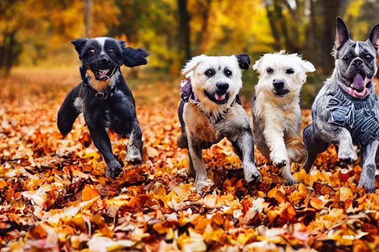 Prompt: dogs running towards the camera while breaking through a pile of autumn leaves