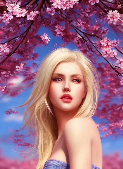 Image similar to photo of a gorgeous blonde female in the style of stefan kostic, realistic, half body shot, sharp focus, 8 k high definition, insanely detailed, intricate, elegant, art by stanley lau and artgerm, extreme blur cherry blossoms background