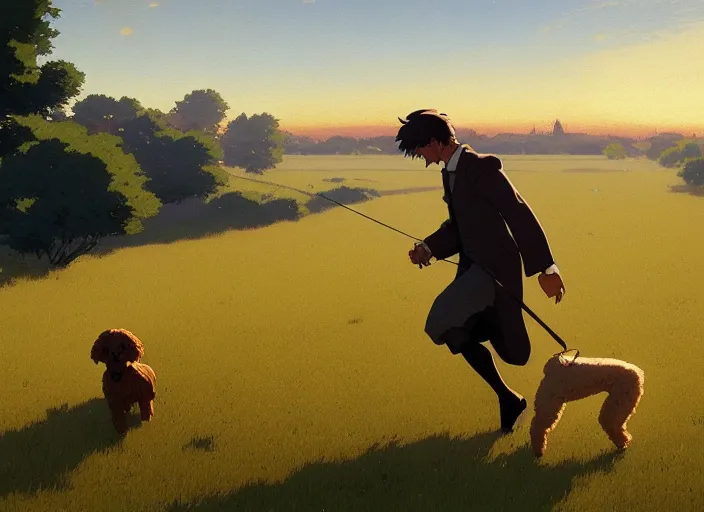 Image similar to france 1 9 2 0's, young adult running with his goldendoodle dog on a green meadow, golden hour, finely detailed perfect art, gapmoe yandere grimdark, trending on pixiv fanbox, painted by greg rutkowski makoto shinkai takashi takeuchi studio ghibli