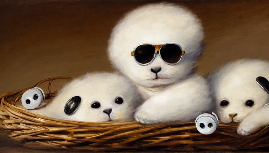Prompt: highly detailed painting of cute furry white baby seals wearing headphones and shades cuddling up in a basket by william turner, thick brush strokes and visible paint layers, 4 k resolution