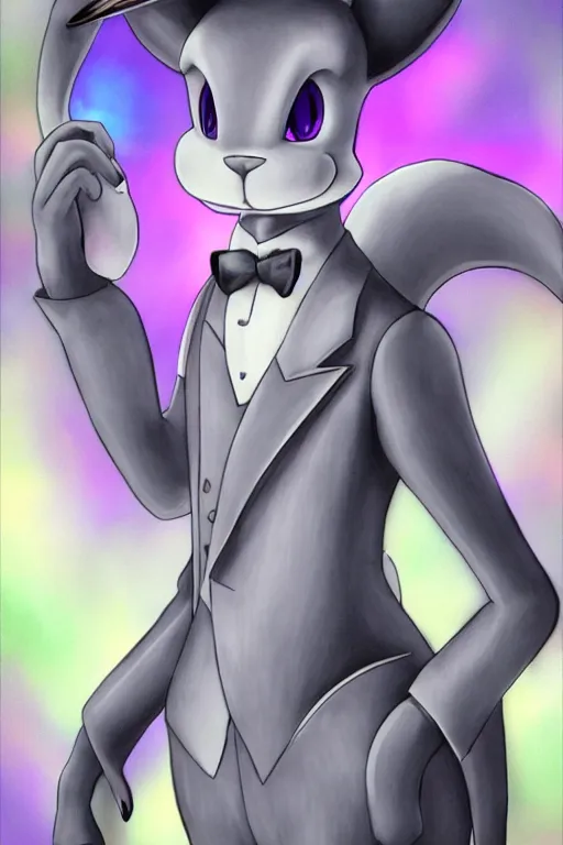 Image similar to mewtwo wearing a top hat and suit, highly detailed, digital art, sharp focus, ambient glow, trending on art station, anime art style