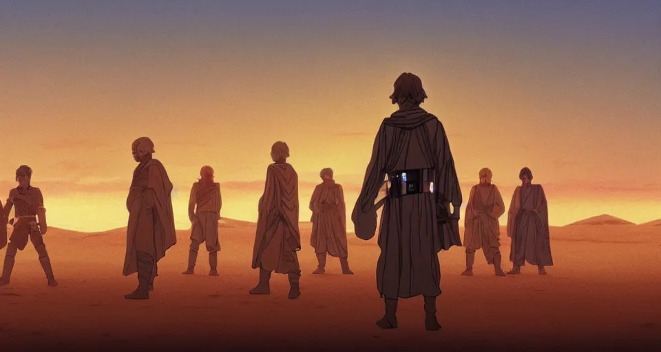 Image similar to beautiful wide shot tatooine landscape, Luke skywalker sunset, Star Wars a new hope 1977, studio ghibli, Miyazaki, Greg rutkowski, Alphonse mucha, Moebius, golden hour, tiny! domes, highly detailed, hdr, vivid color, 70mm