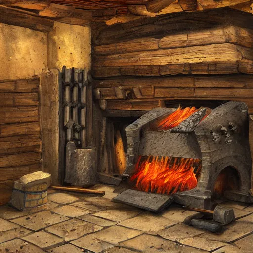 Image similar to detailed painting of a medieval forge, 4 k