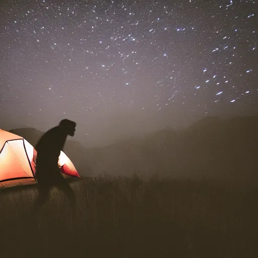 Prompt: photograph of Sasquatch approaching a tent at night 8k