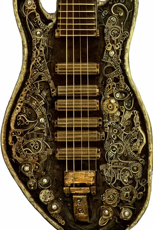 Prompt: an artistic representation of a fretboard, steampunk, intricate details