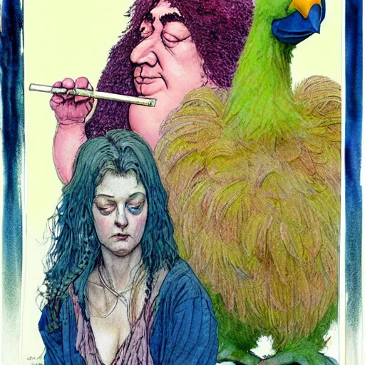 Image similar to a realistic and atmospheric watercolour fantasy character concept art portrait of big bird with pink eyes wearing a wife beater and smoking a huge blunt by rebecca guay, michael kaluta, charles vess and jean moebius giraud