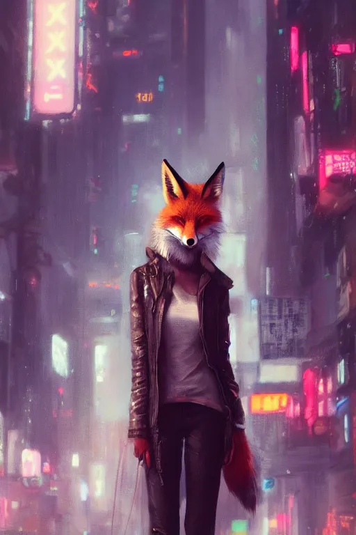 Image similar to beautiful portrait of a tall female anthro fox smoking a cigarette white standing head and shoulders taller than the bustling crowd of a rainy city street, cyberpunk, harsh neon lights, highly detailed, sharp focus, digital painting, illustration, trending on artstation, art by sakimichan, wlop, greg rutkowski