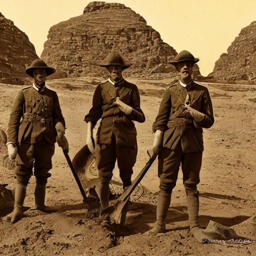 Prompt: ultra detailed photorealistic sepia - toned photograph from 1 9 1 7, three british soldiers standing at an archaeological dig site in wadi rum, ultra realistic, painted, intricate details, lovecraft, atmospheric, dark, horror, brooding, highly detailed, by clyde caldwell