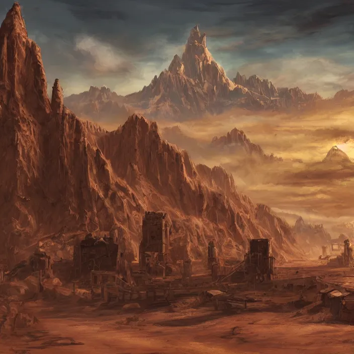 Image similar to old west style city in the middle of a vast sandy flat desert with a single mountain on the very distant horizon. magic the gathering art, digital media