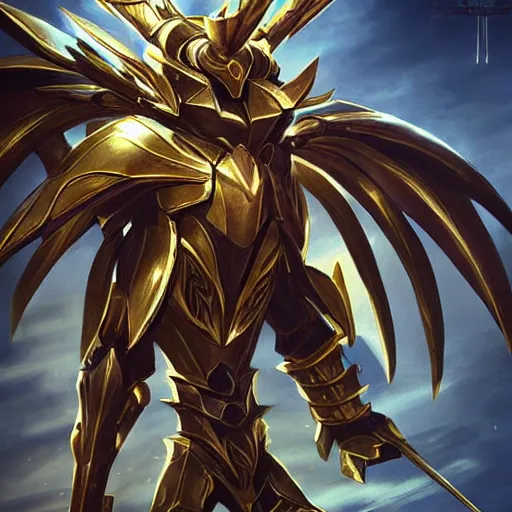 Image similar to cinematic, hyperdetailed league of legends azir armor metroid ravenbeak fanart gold armored bird wings regal gold sunray shaped crown, warframe, destiny, octane