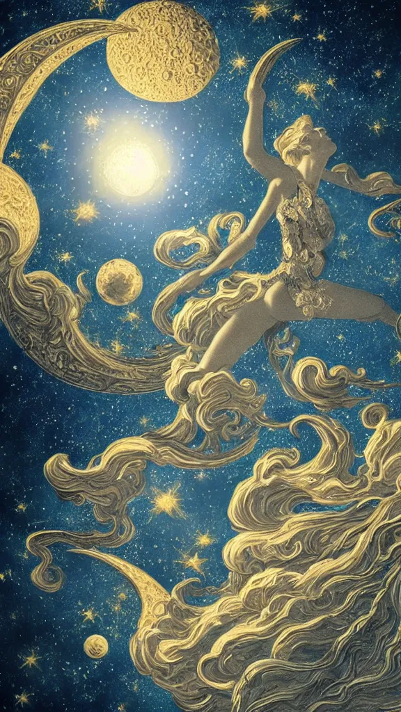 Image similar to sky in a starry night with glowing meteor showers, ascension of a woman decomposing and dissolving into moon, dark - blue black gold beige saturated, ornate baroque rococo art nouveau intricate detail, 3 d specular lighting, cinematic, blur