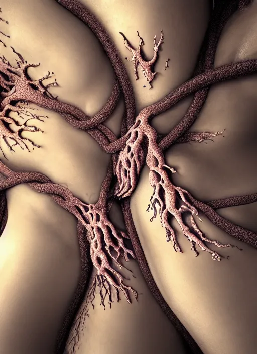 Image similar to beautiful human bodies intertwined, 3 d fractals, mandelbulb, dripping wet, skin, highly detailed, hyperrealism, cinematic