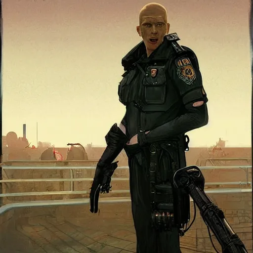 Image similar to portrait of rubbery albino mutant with moist skin, huge black eyes and determined expression, wearing fascist Byzantine police uniform and standing on cyberpunk docks, Dune concept art by Anato Finnstark, Alphonse Mucha, and Greg Rutkowski