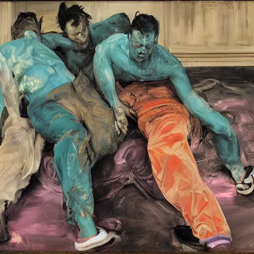 Image similar to high quality high detail painting of two men in agony on the streets of london by lucian freud and jenny saville and francis bacon and malcom liepke and nicola samori, hd, anxiety, two men crying and screaming, turquoise and purple and orange and pink, dark atmosphere