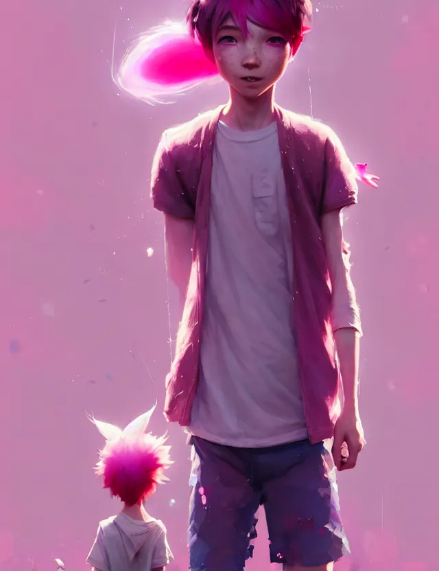 Image similar to a beautiful portrait of a cute boy with pink hair wearing tshirt and leggings under shorts in a city. character design by cory loftis, fenghua zhong, ryohei hase, ismail inceoglu and ruan jia. artstation, volumetric light, detailed, photorealistic, fantasy, rendered in octane