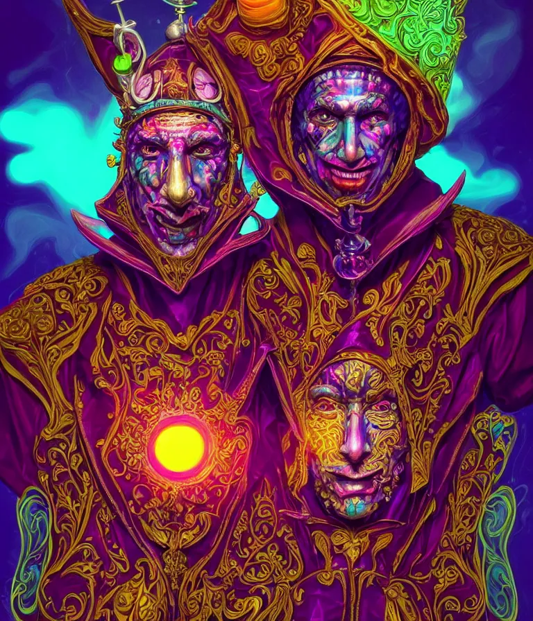 Image similar to front!!! shot of a court jester!!! character, hyperdimensional, bioluminescent hypercubes, dark holography!!!, sunset psychedelic, chrome, (((intricate))), elegant, highly detailed, centered, (((artstation, concept art, smooth, sharp focus, artgerm, Tomasz Alen Kopera, Peter Mohrbacher, donato giancola, Joseph Christian Leyendecker, WLOP, Boris Vallejo))), mugshot!!!!!, ugly!!!!!!, octane render, nvidia raytracing demo, octane render, nvidia raytracing demo, octane render, nvidia raytracing demo, grainy, muted, 8K, digitalblasphemy, metatron