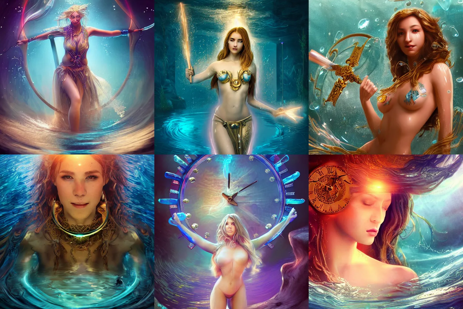 Prompt: a beautiful female human god of time character, character is in all its glory under the water, character is centered on the image, character is holding magic weapon, rim lights, highly detailed professional photo, dynamic lights, particles and crystals are flying, very deep depth of field, trending on artstation, illustration, hyper realistic, vray caustics, super detailed, colorful accents, cinematic shot