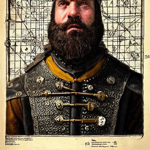 Prompt: Closeup of frustrated male medieval sergeant with a {short} beard wearing a {black!!!! and yellow tabard} over a steel breastplate and a black gambeson looking up from a map on a table, intricate, dramatic lighting illustration by Greg Rutkowski, {perfect face}, {perfect eyes}, fantasy