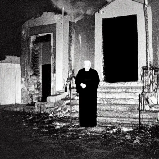Image similar to photogrqph of john paul ii standing in the entrance to a small burning church building, at night, pitch black