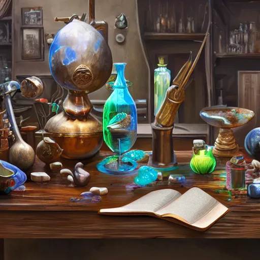 Prompt: hyper real, table, map, wizards laboratory, lisa parker, tony sart, mortar, pestle, scales, energy flowing, magic book, beakers of colored liquid