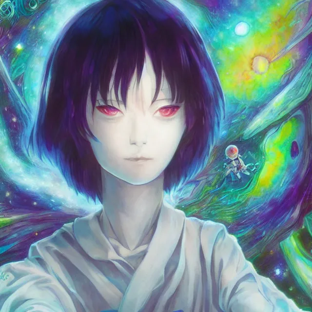 Image similar to rei ayanami, deep space, seascape, grimes, lain iwakura, silver hair, johfra bosschart, usagi, cut anime maid, cosmos, psychedelic flowers, black opal, rainbow aura quartz, organic, oni compound artwork, of character, render, artstation, portrait, wizard, beeple, art, fantasy, epcot, psychedelic glitchcore