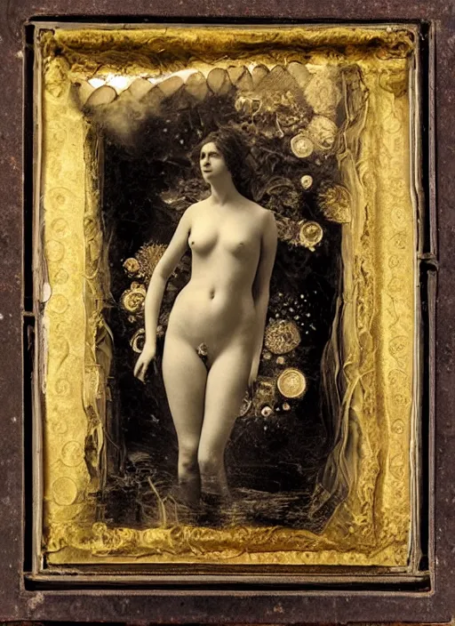 Image similar to old wetplate daguerreotype portrait of birth of venus, explosion of data fragments, fractal, intricate, elegant, highly detailed, parallax, leica, medium format, subsurface scattering, portrait, elegant, highly detailed, matte painting, by stanley spencer