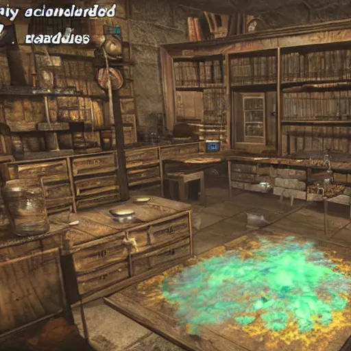 Image similar to ransacked alchemy laboratory with water on the floor, broken supplies on the floor, reagents spilling over the table