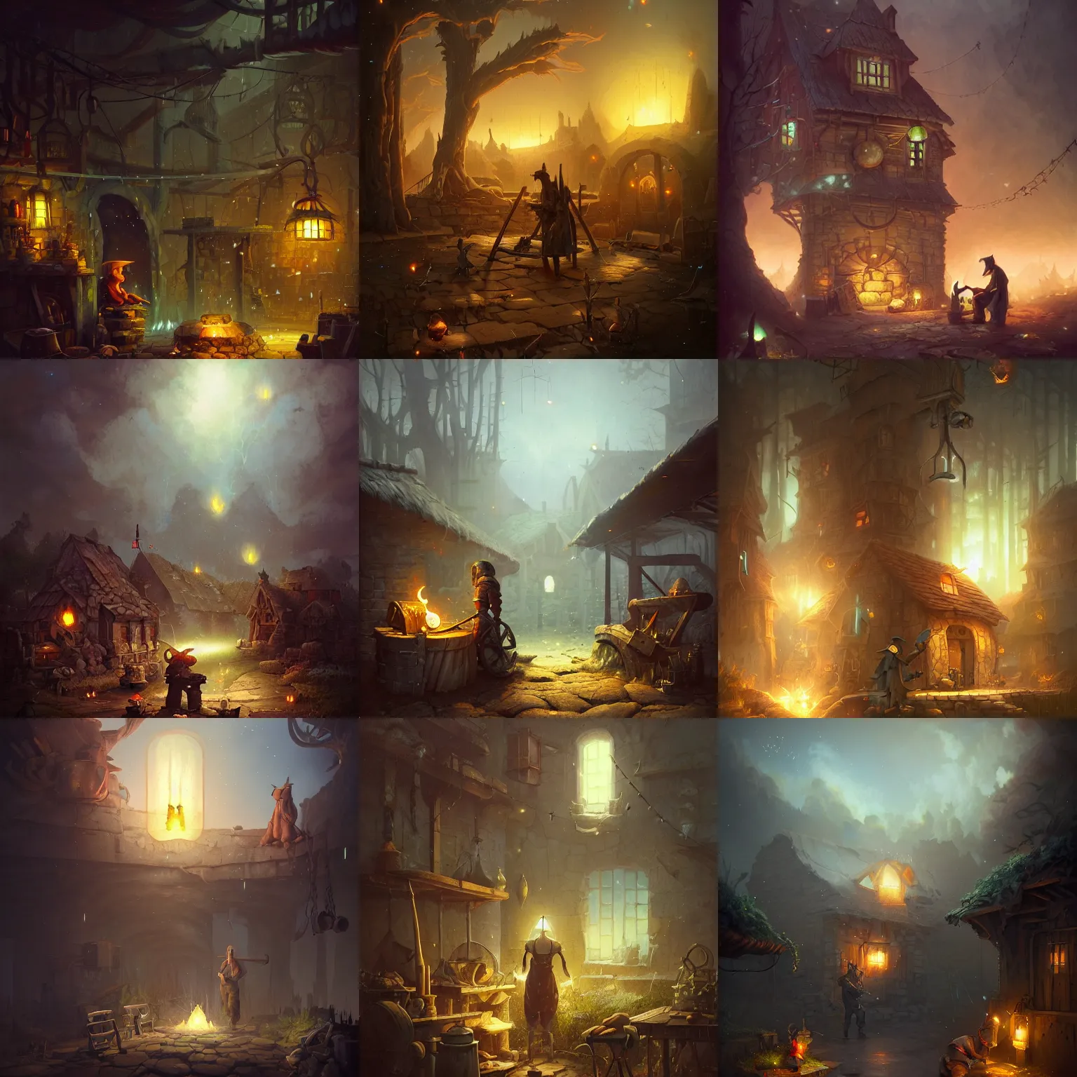 Prompt: post - medieval blacksmith workshop, fireflies, anvil, light dust, by peter mohrbacher dan mumford craig mullins nekro, cgsociety, pixiv, volumetric light, 3 d render