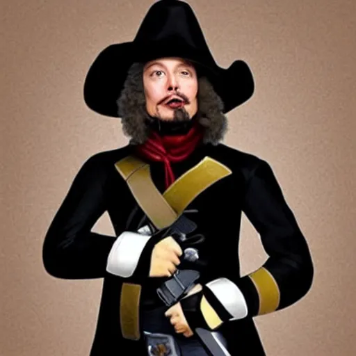 Image similar to elon musk as a musketeer, he has a big black hat and holds a shiny sword