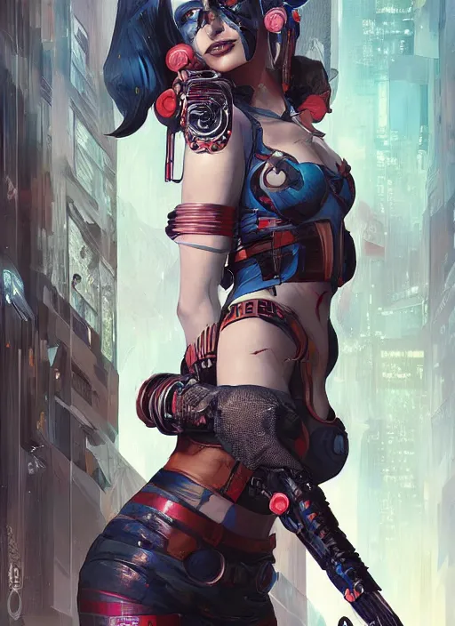 Image similar to a beautiful illustration of cyberpunk harley quinn with pointy ears, intricate, sharp focus, illustration, highly detailed, digital painting, concept art, matte, art by wlop and artgerm and greg rutkowski and alphonse mucha, masterpiece