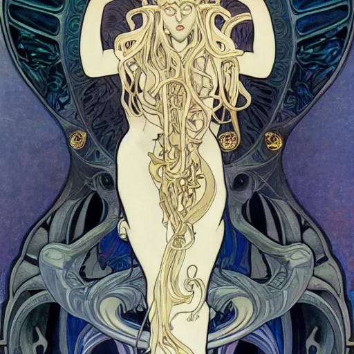 Prompt: angelarium, cthulhu, illithid, art nouveau, white marble and gold, alphonso mucha