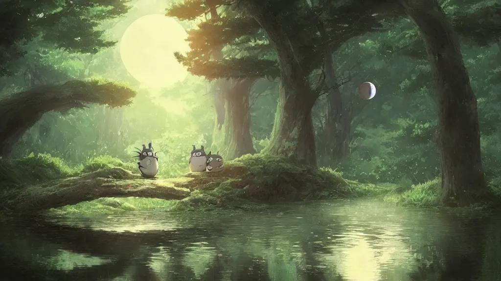 Image similar to totoro fishing in the forest with the reflection of the moon., by makoto shinkai, greg rutkowski, artstation, high detailed, cgsociety