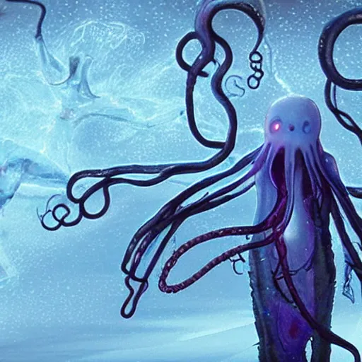 Prompt: screenshot of a chained ethereal ghostly wraith like figure with a squid like parasite latched onto its transparent skull and long tentacle arms that flow lazily but gracefully at its sides like a cloak while it floats around a frozen rocky tundra in the snow searching for lost souls and that hides amongst the frozen underbrush, this character has hydrokinesis and electrokinesis for the resident evil village video game franchise with inspiration from the franchise Bloodborne