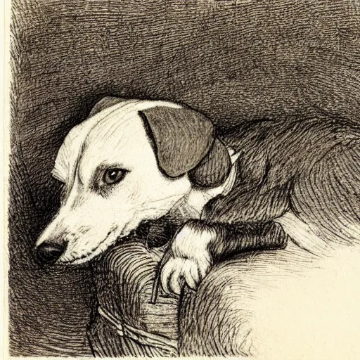 Image similar to closeup candid portrait of jack russel thinking, resting head on paw, illustrated by peggy fortnum and beatrix potter and sir john tenniel